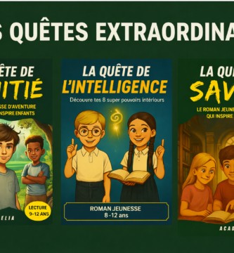 Couvertures de la série Les Quêtes Extraordinaires, trilogie de romans jeunesse pour enfants de 8 à 12 ans sur l’amitié, l’intelligence et le savoir