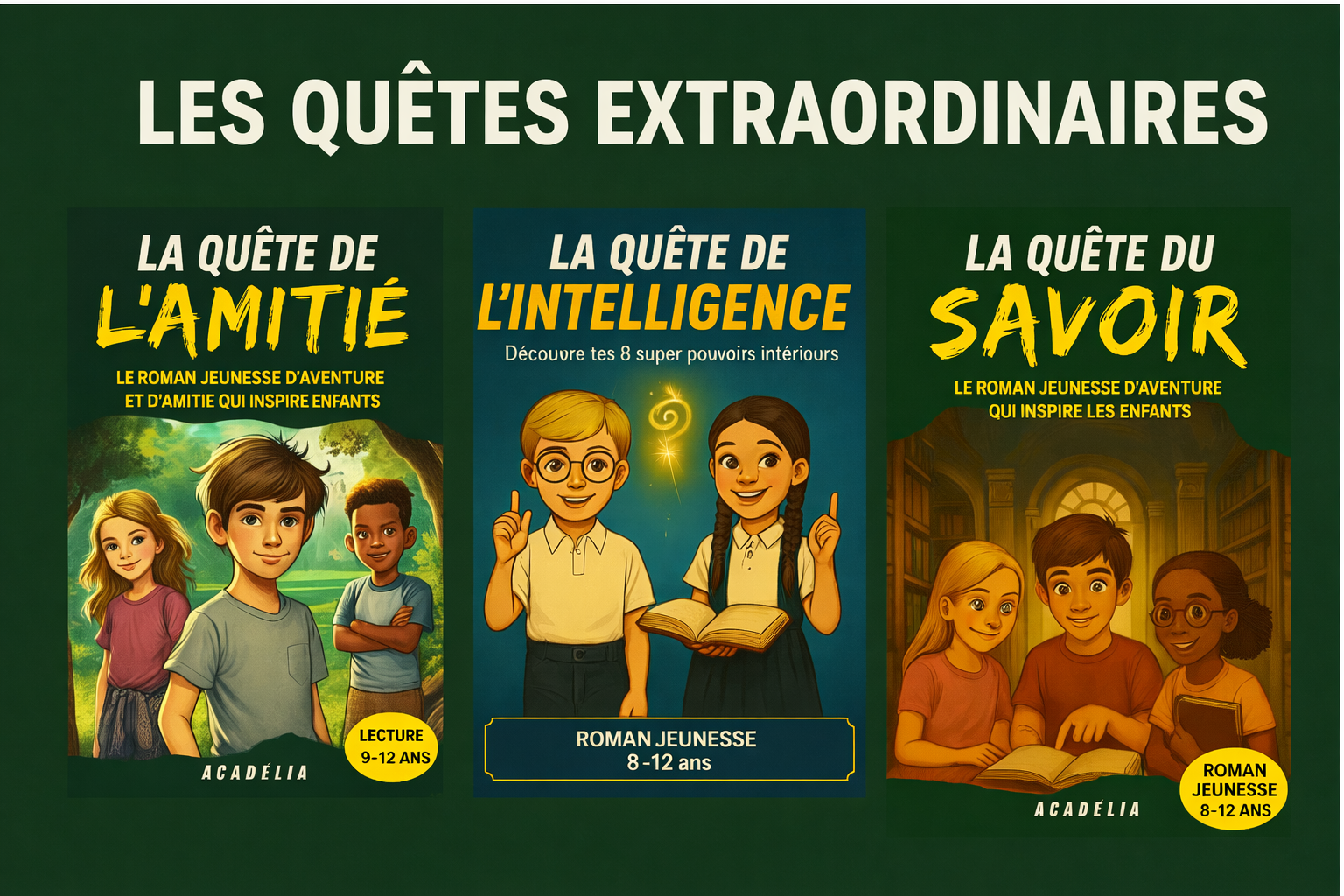 Couvertures de la série Les Quêtes Extraordinaires, trilogie de romans jeunesse pour enfants de 8 à 12 ans sur l’amitié, l’intelligence et le savoir